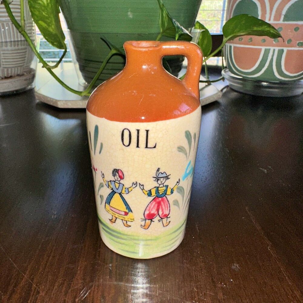 Vintage Pottery Oil Jar Cruet Bottle Old WorldDutch Country Folk